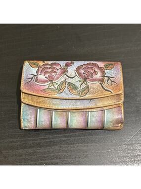 Sova Hand Painted Leather Tiered Wallet Organizer Crossbody Floral Snap Closure